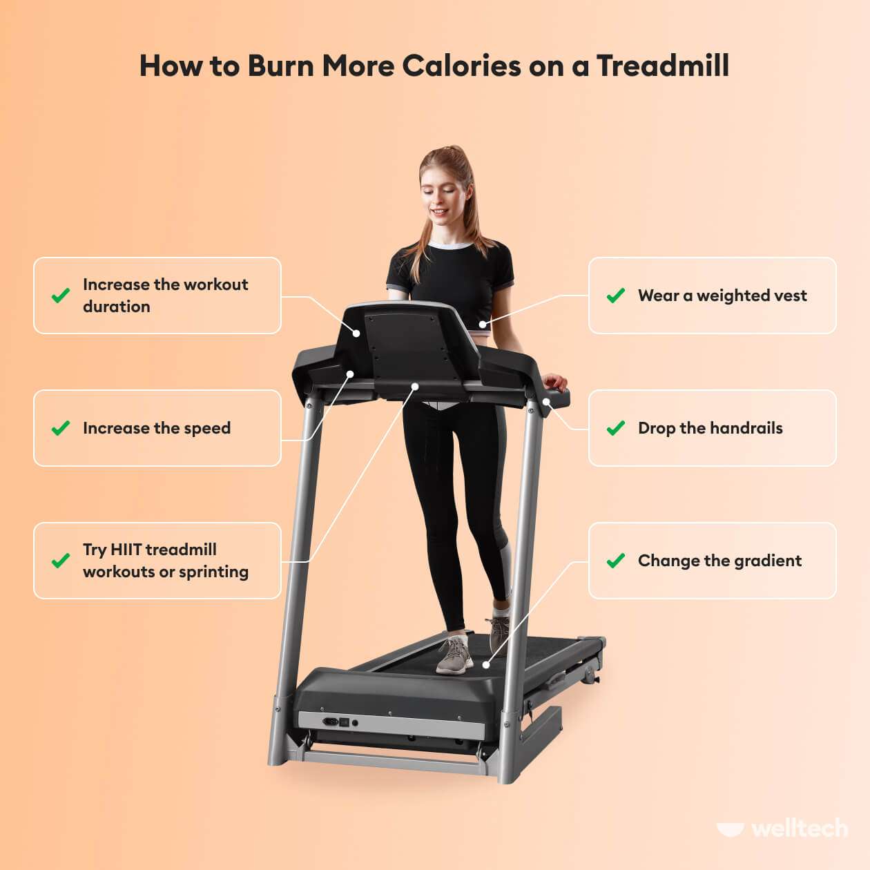 a woman is walking on a treadmill, text blocks are illustrating the tips on how to burn more calories on a treadmill, treadmill calorie calculator