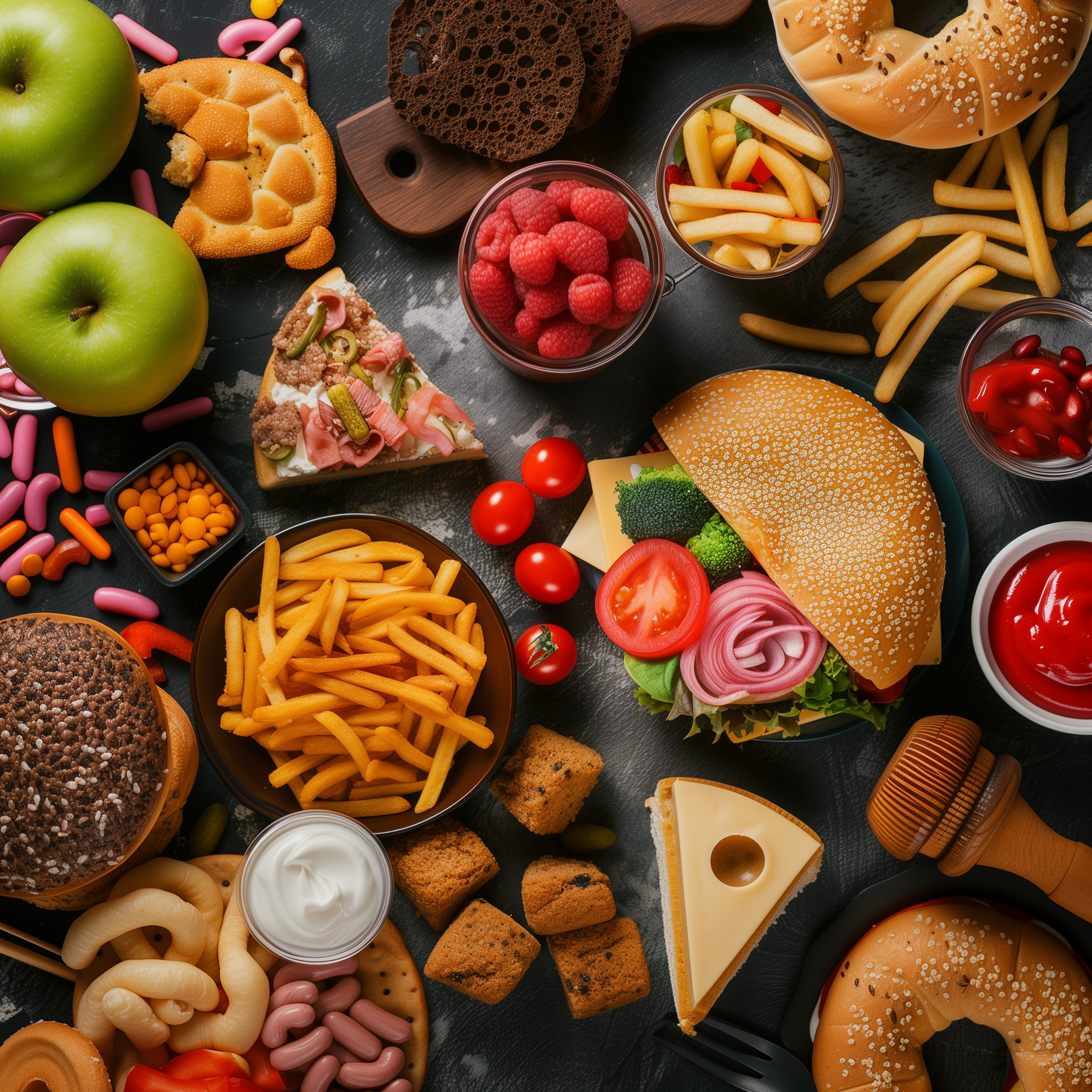 A tantalizing top view of a variety of indulgent foods spread out, suggestive of a 'cheat day' during intermittent fasting. The assortment includes a cheeseburger with a sesame bun, fries, assorted pastries and candies, a slice of cheesecake, fresh fruits like apples and raspberries, and condiments such as ketchup and mayonnaise